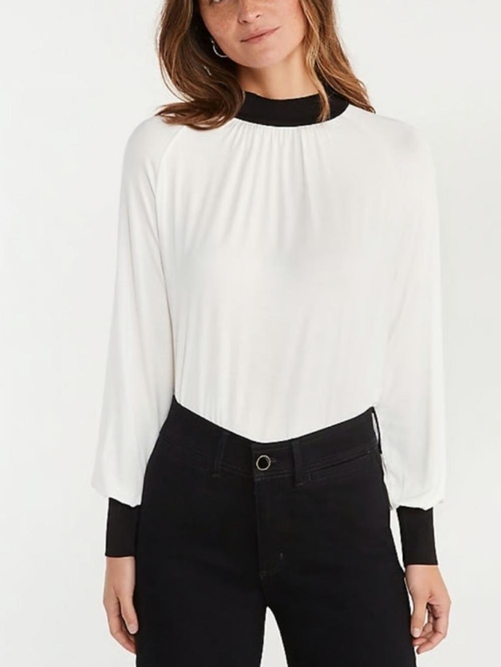 Ann Taylor Cream Long-Sleeve Blouse with Black Mock Neck and Cuffs #3569